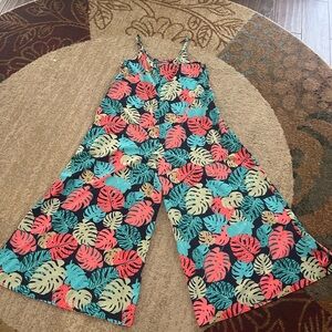 easel Tropical Leaf Wide-Leg Jumpsuit in Coral, Teal, Cream on Black pickets